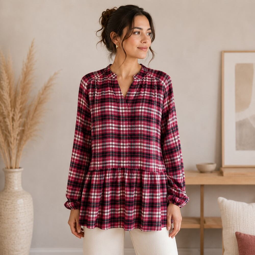 Lane Bryant Pink Plaid Long Sleeve NWT Pop Over Top 14 - Picture 1 of 7